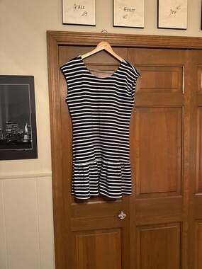 Old Navy Navy Blue and White Striped Sleeveless Drop Waist Ruffle Dress